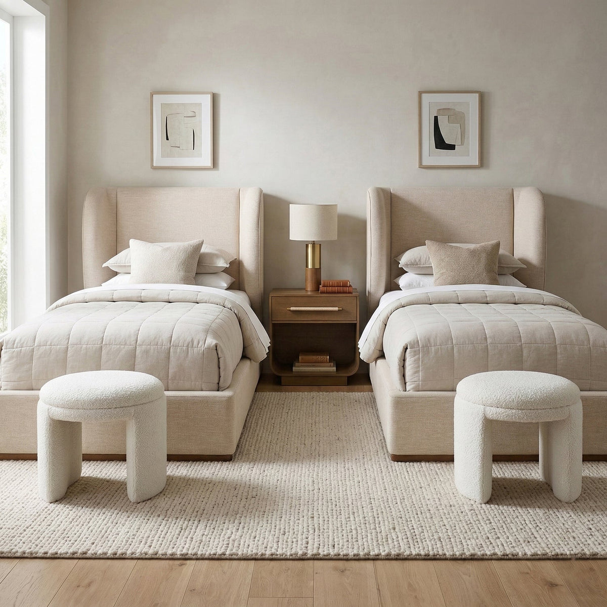 Aurin Beige Linen Textured Fabric Upholstered Bed