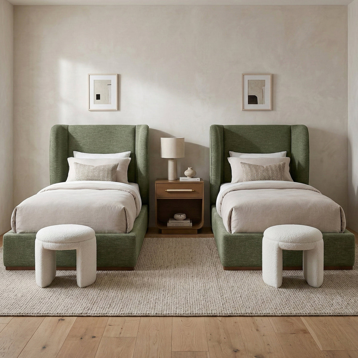 Aurin Olive Green Linen Textured Fabric Upholstered Bed