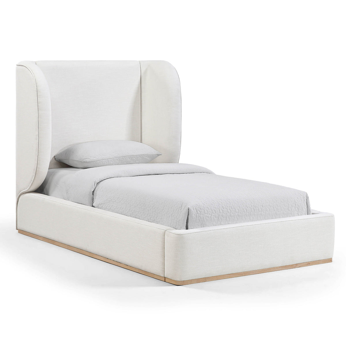 Aurin Cream Linen Textured Fabric Upholstered Bed in Cream, natural finish solid wood base, primary product view