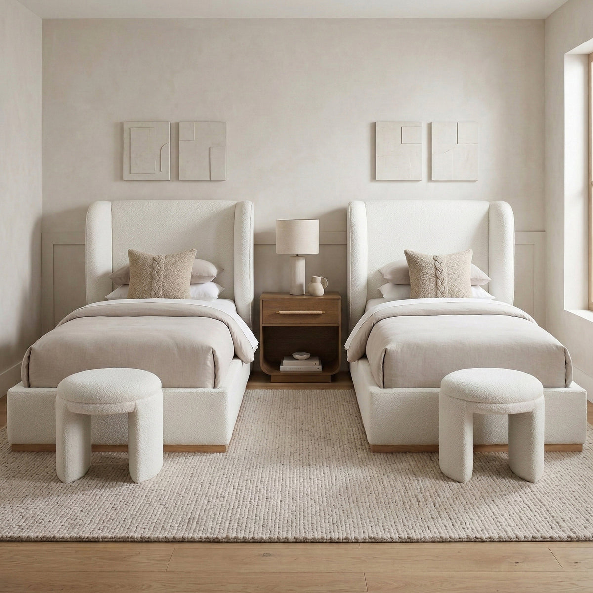 Aurin Cream Linen Textured Fabric Upholstered Bed
