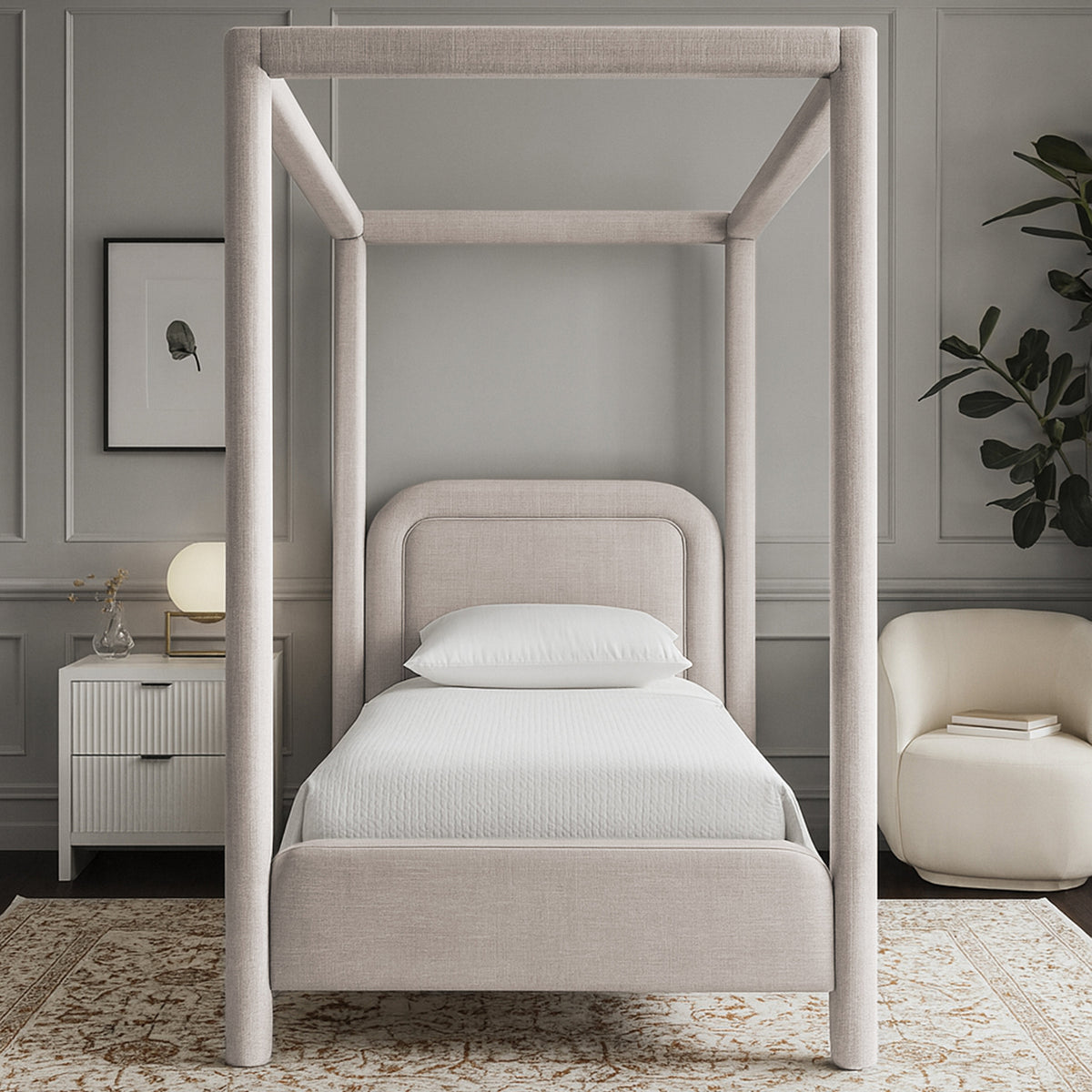 Salina Beige Linen Textured Fabric Upholstered Bed