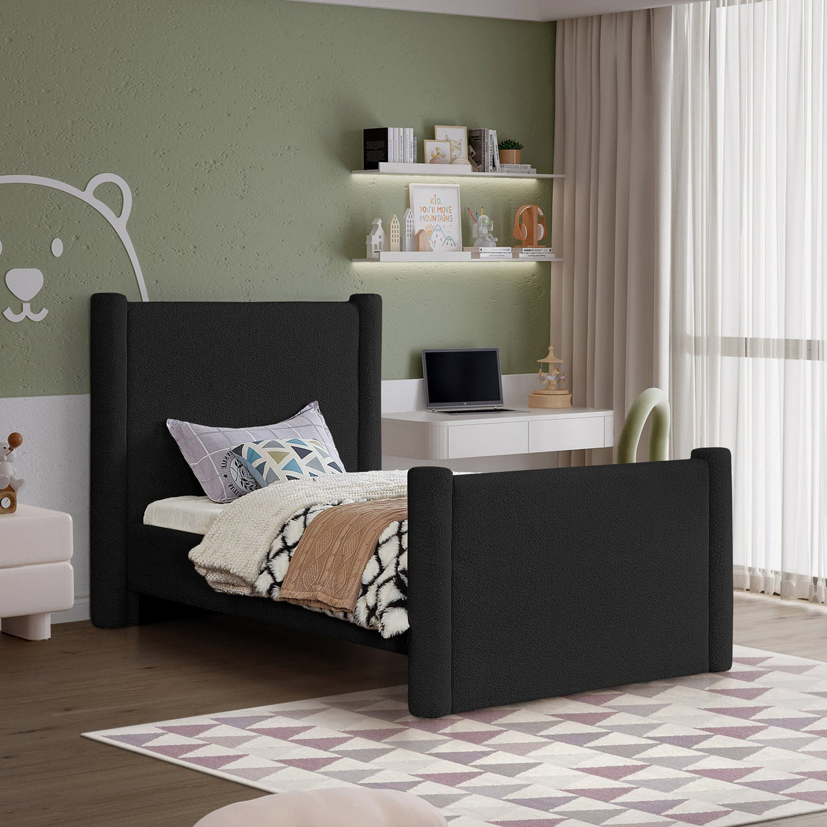 Elias Black Boucle Fabric Upholstered Bed
