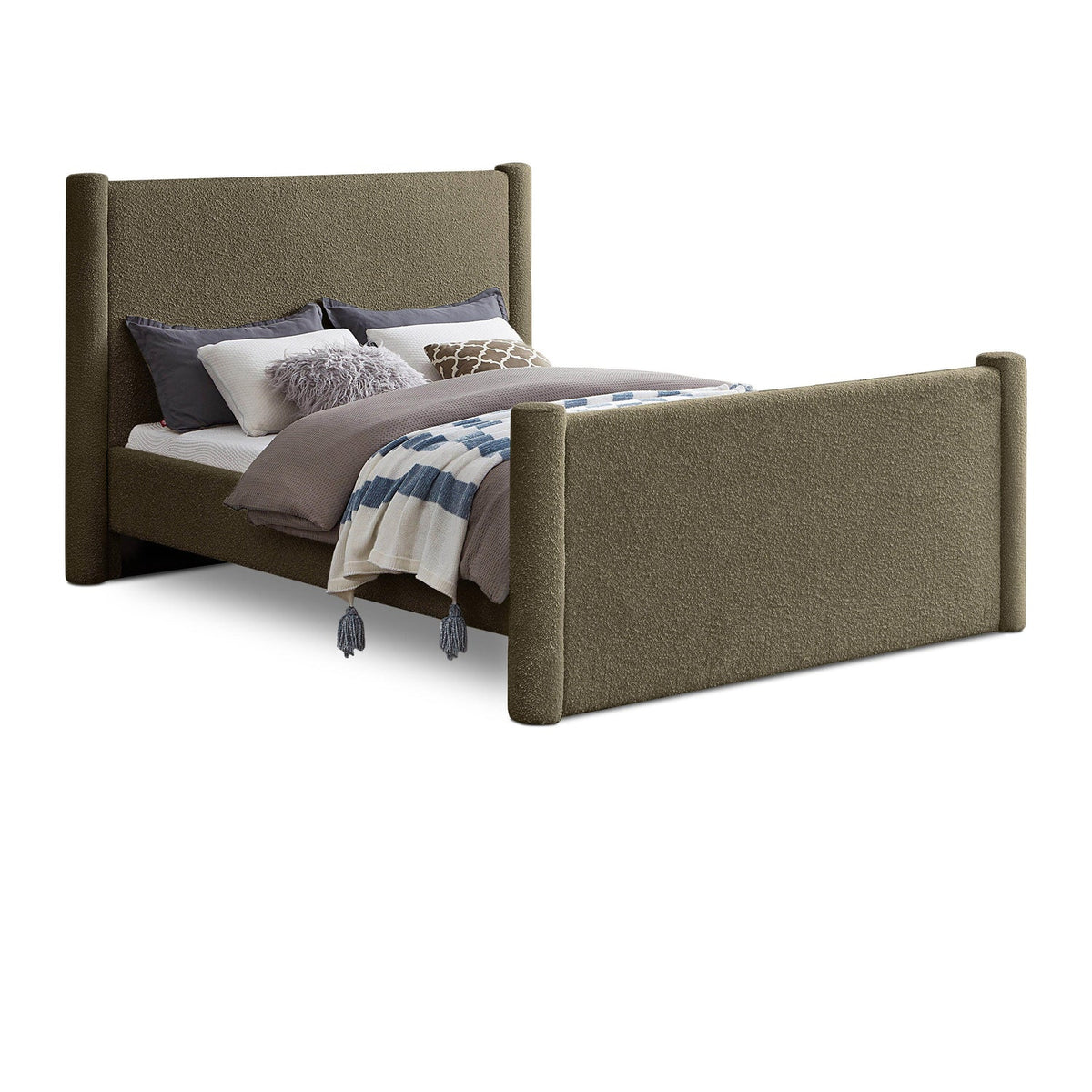 Elias Olive Green Boucle Fabric Upholstered Bed