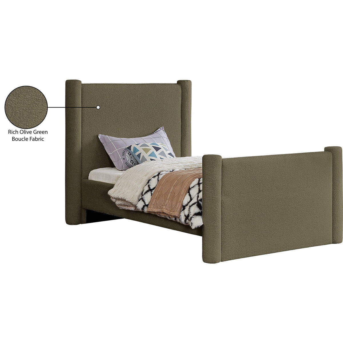 Elias Olive Green Boucle Fabric Upholstered Bed