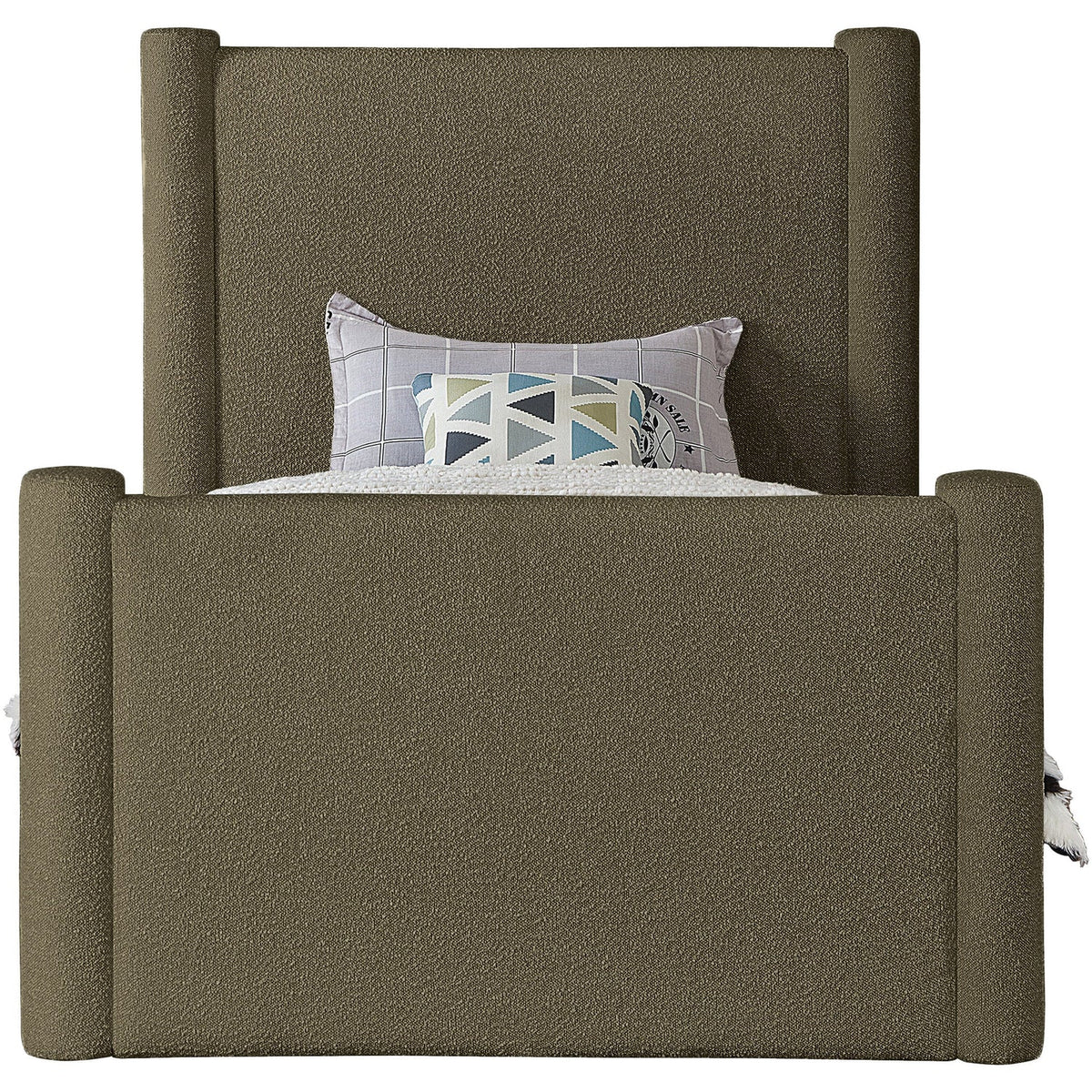 Elias Olive Green Boucle Fabric Upholstered Bed