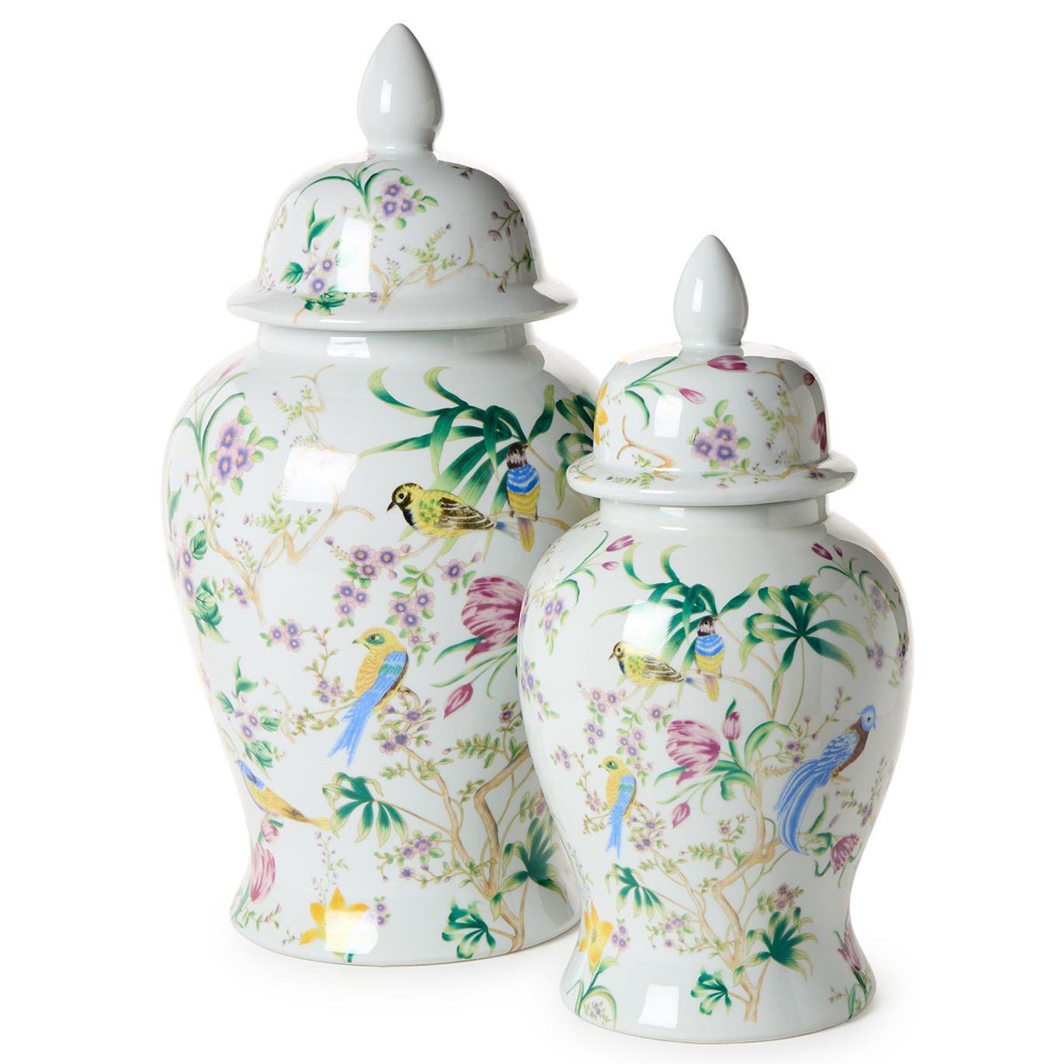 Bird & Blossom Chinoiserie Covered Temple Jar Set of 2
