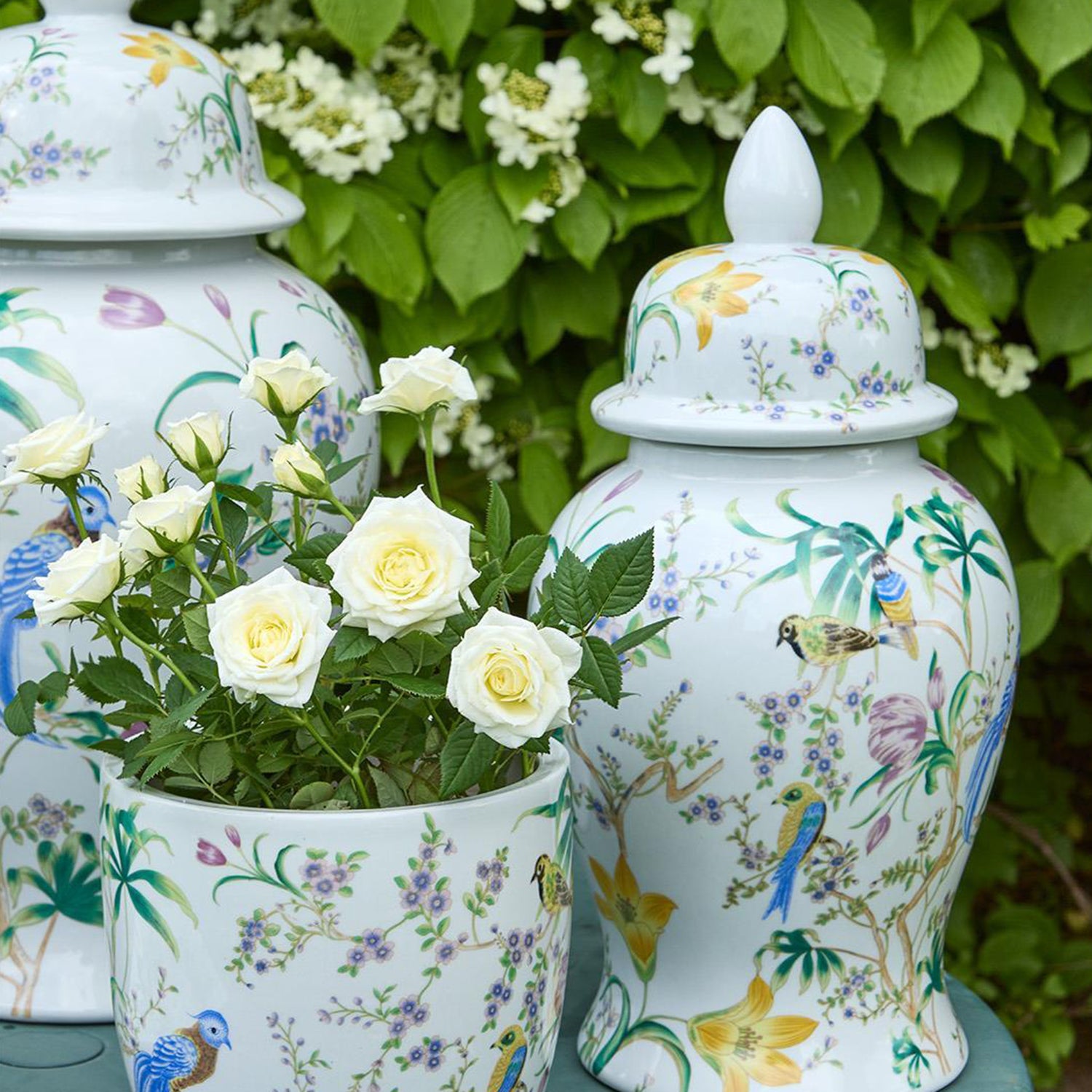 Bird & Blossom Chinoiserie Covered Temple Jar Set of 2