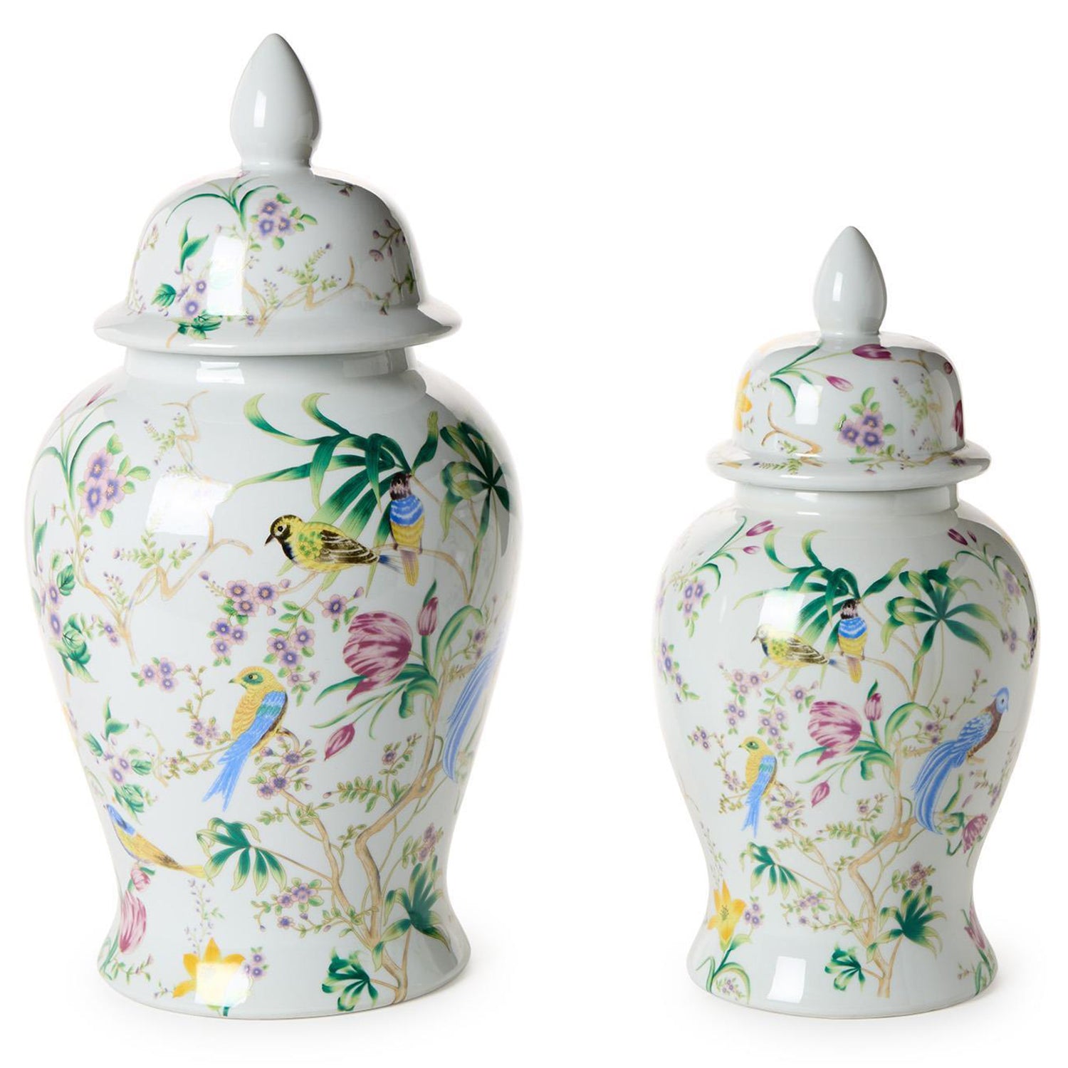 Bird & Blossom Chinoiserie Covered Temple Jar Set of 2