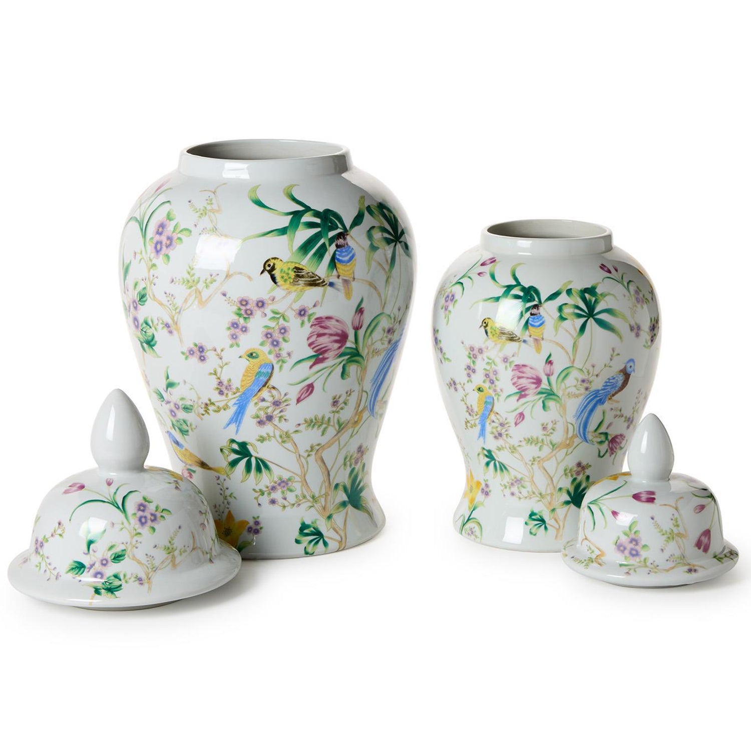 Bird & Blossom Chinoiserie Covered Temple Jar Set of 2