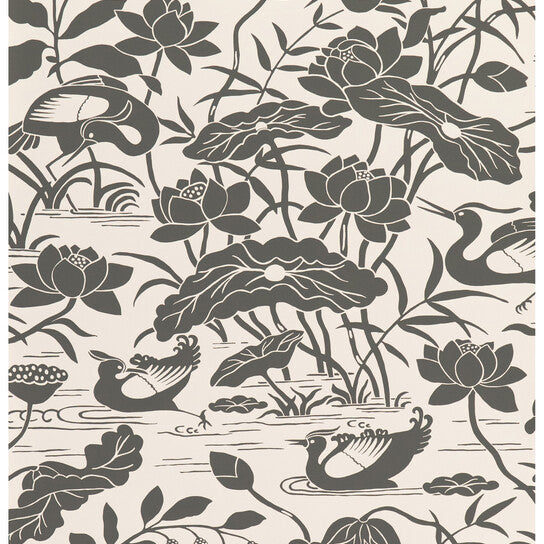 G P & J Baker Heron & Lotus Flower Black/White Wallpaper