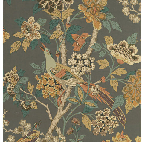 G P & J Baker Hydrangea Bird Charcoal/Sienna Wallpaper