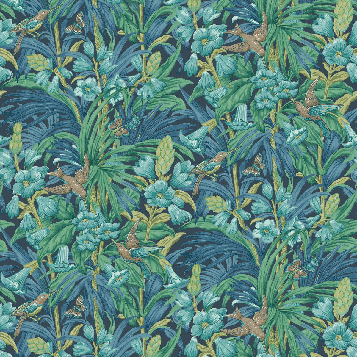 G P & J Baker Trumpet Flowers Indigo/Teal Wallpaper