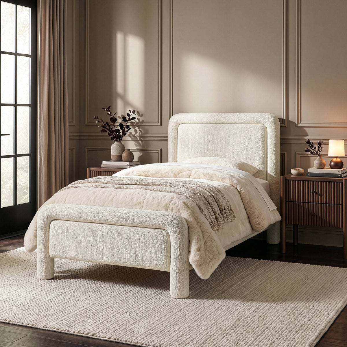 Baylor Cream Fabric Withinterwoven Chenille Upholstered Bed