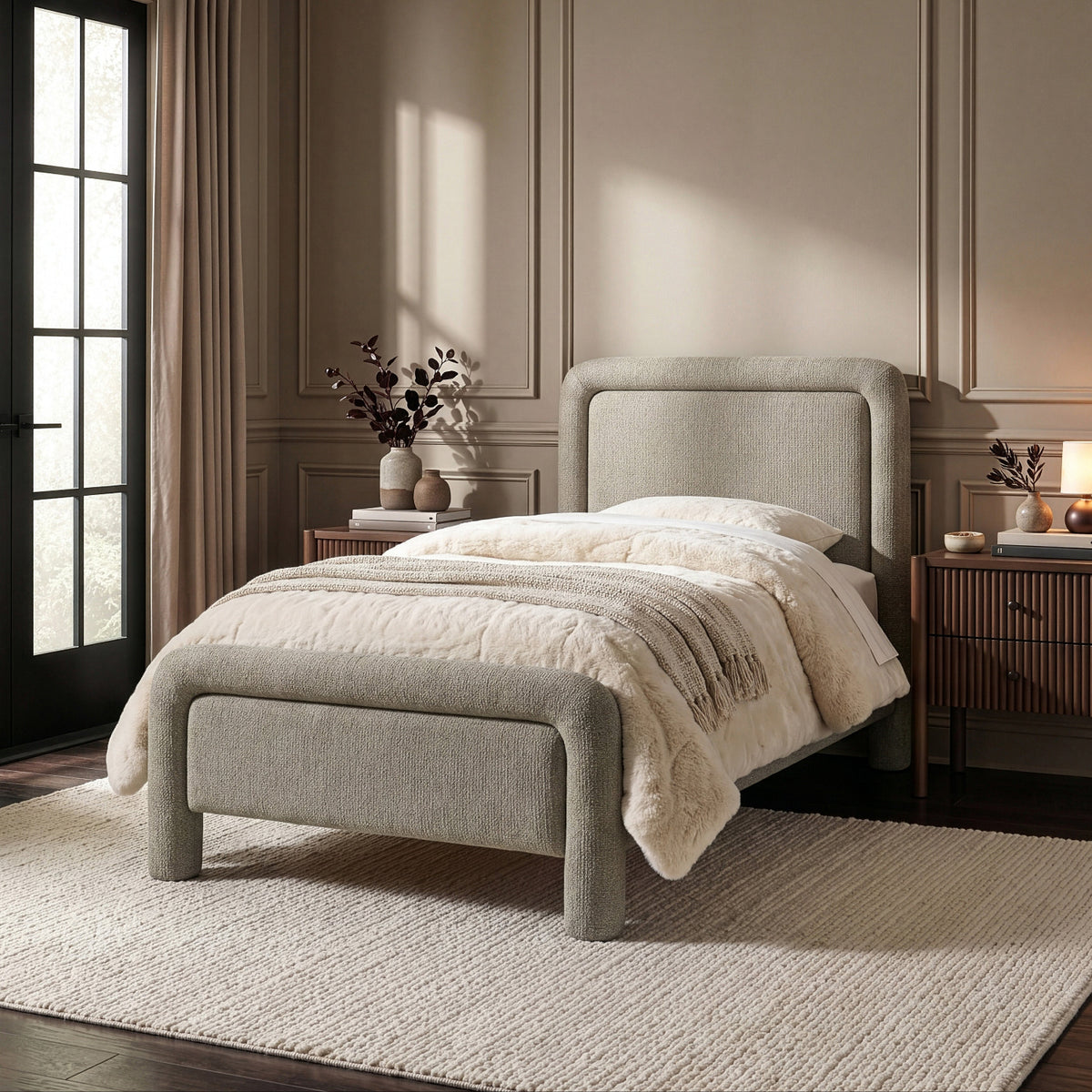 Baylor Taupe Fabric Withinterwoven Chenille Upholstered Bed