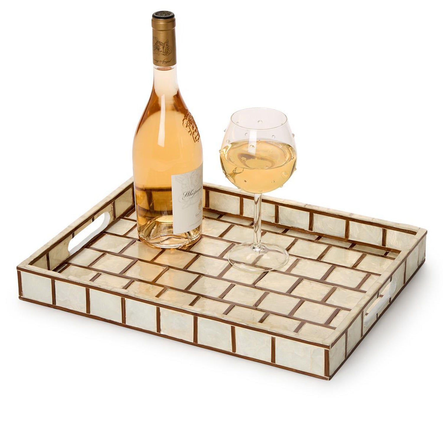Hand Inlaid Bamboo/Capiz Shell Rectangle Tray with Open Handles Set of 3