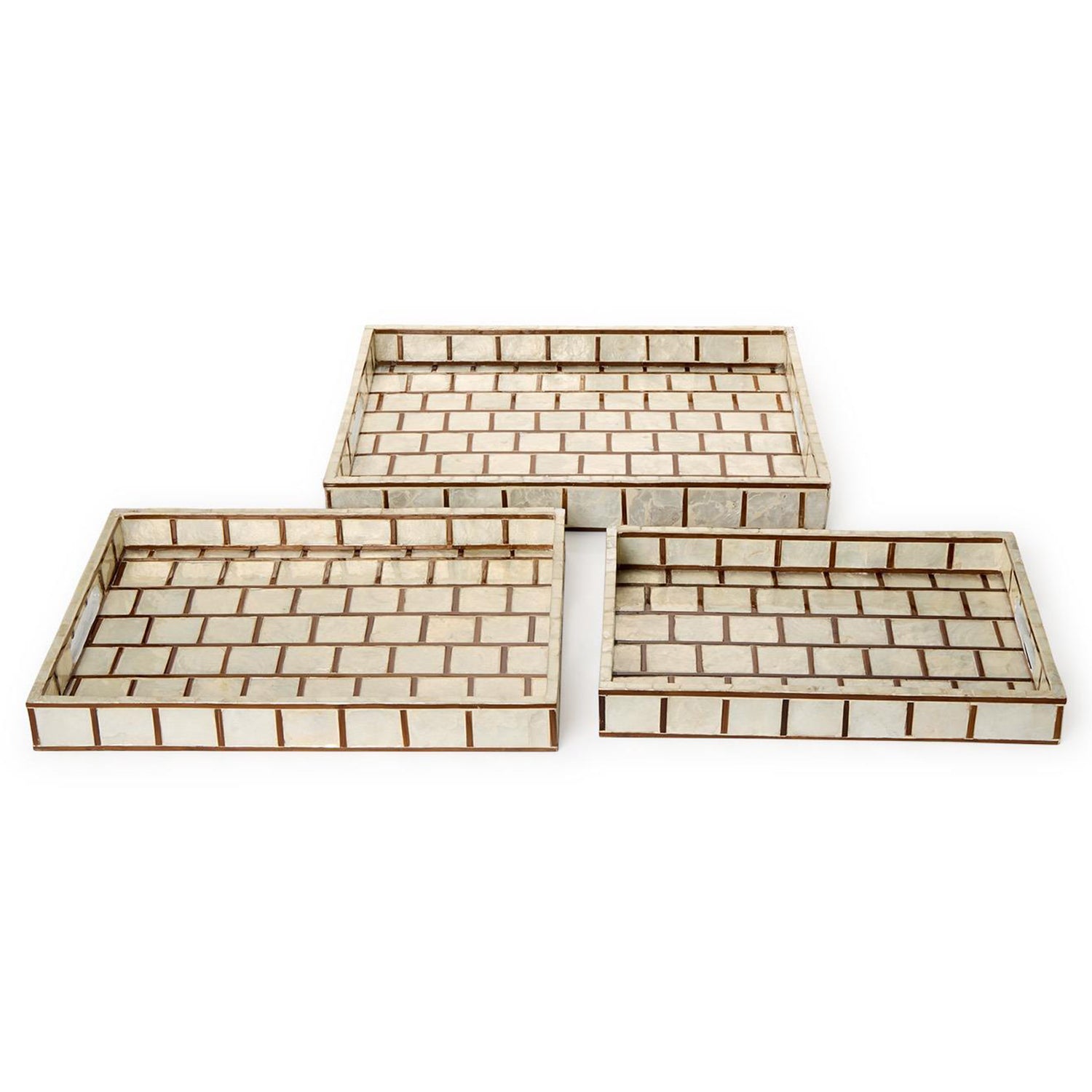 Hand Inlaid Bamboo/Capiz Shell Rectangle Tray with Open Handles Set of 3
