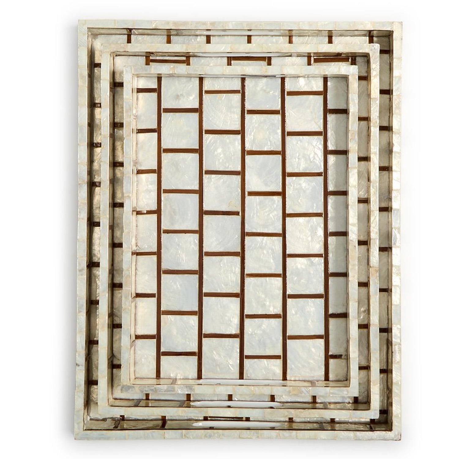 Hand Inlaid Bamboo/Capiz Shell Rectangle Tray with Open Handles Set of 3