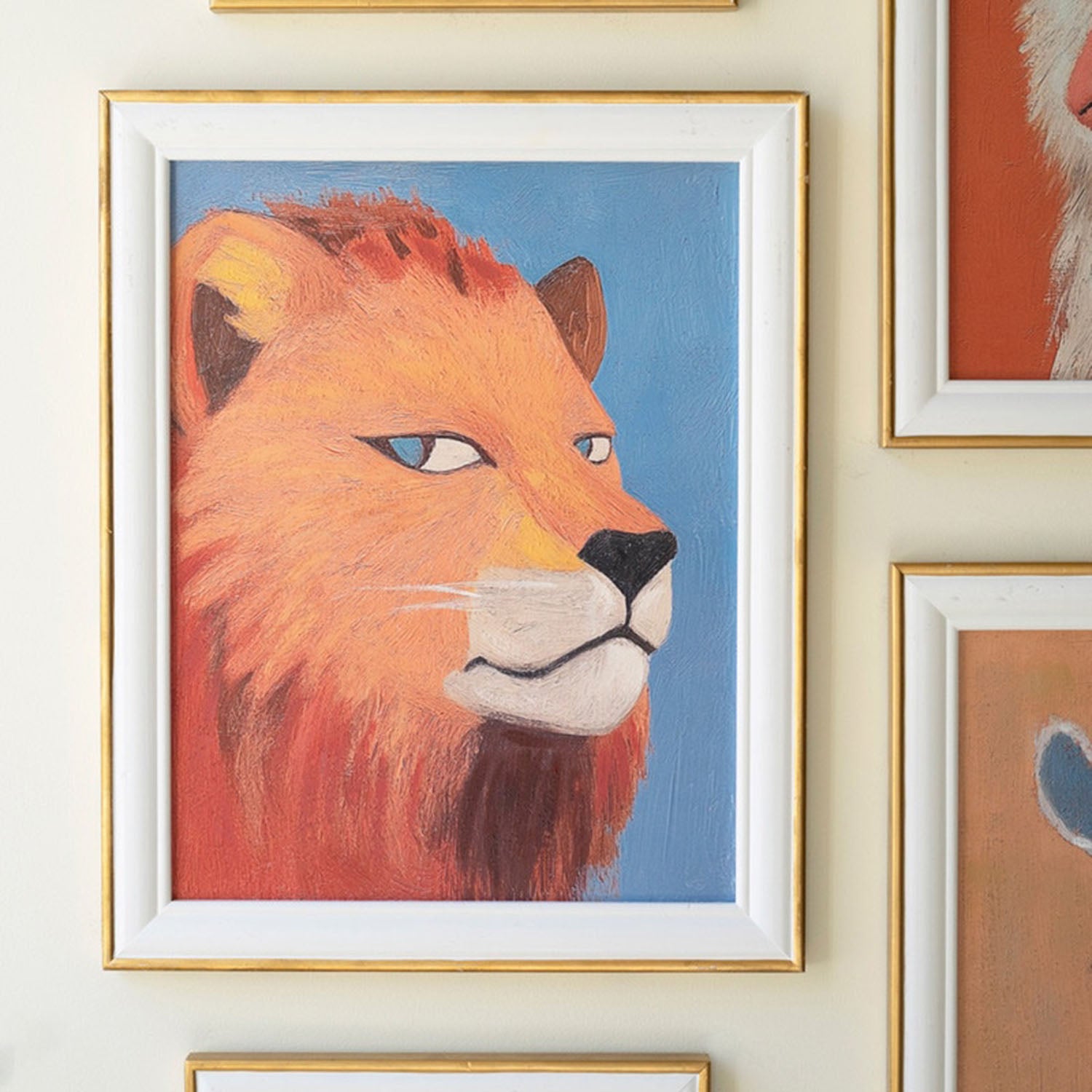 Monkey framed animal portrait in a natural wood frame, front view