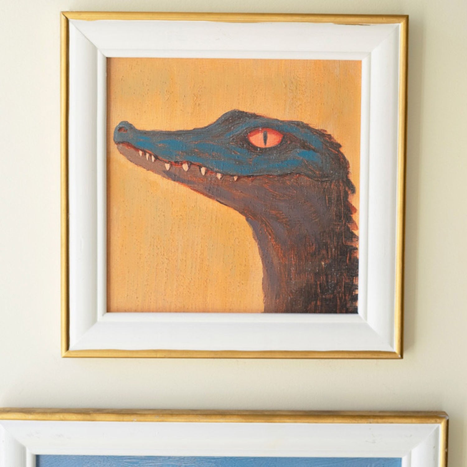 Frog framed animal portrait in a natural wood frame, front view