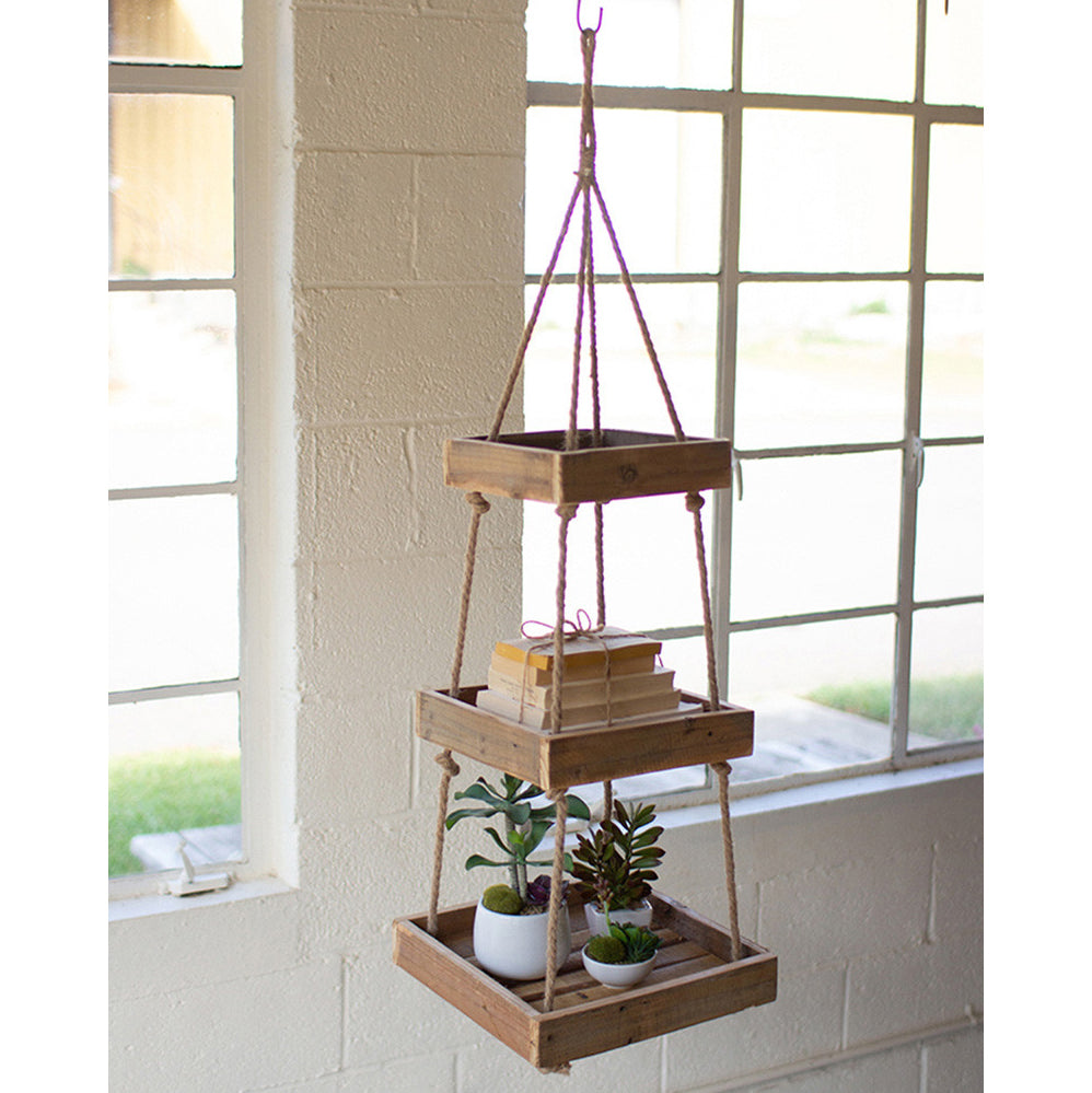 3 tiered hanging planter Hanging Three Tiered Square Recycled Wood Display with Jute Rope