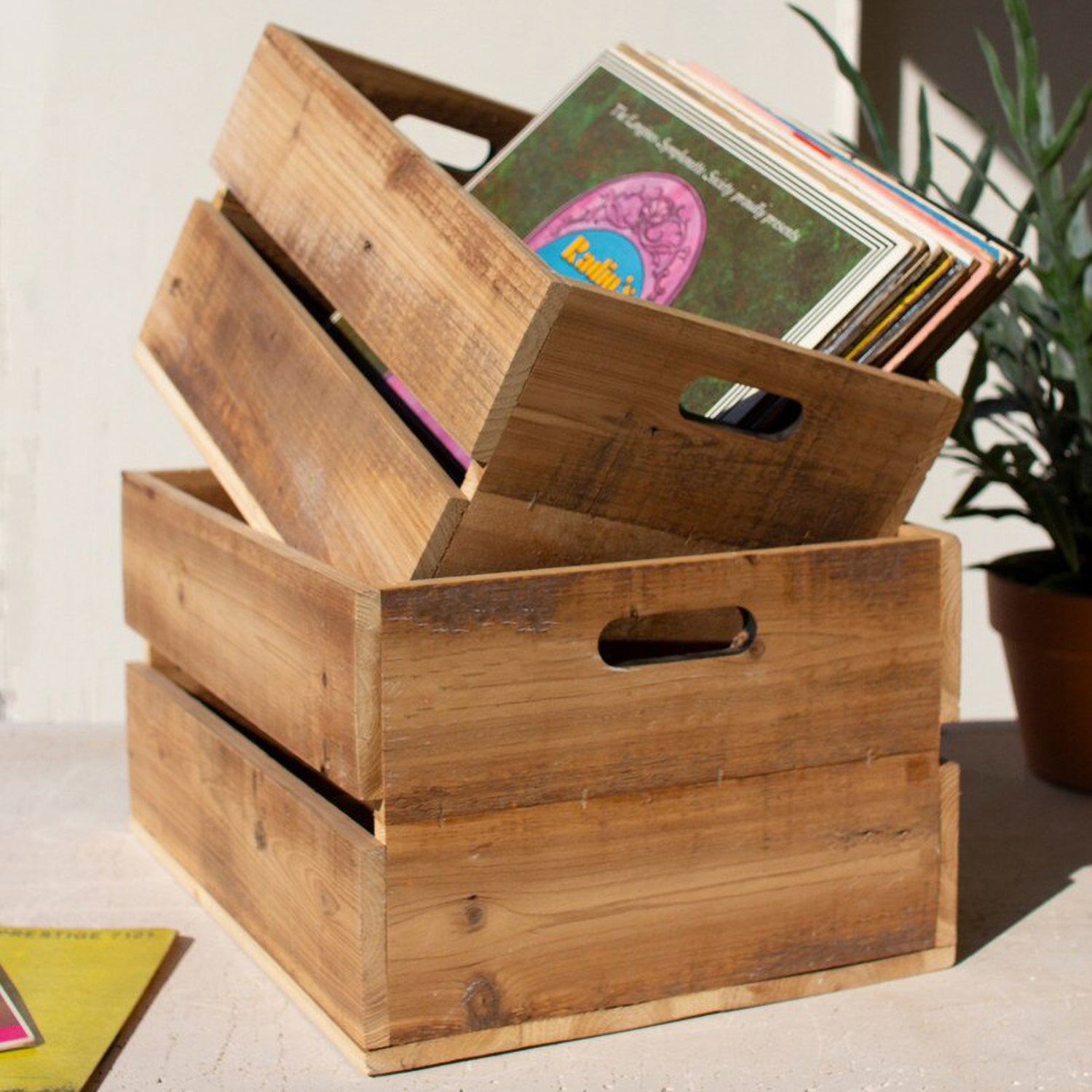 Natural Finish Slatted Wooden Crate Set of 2