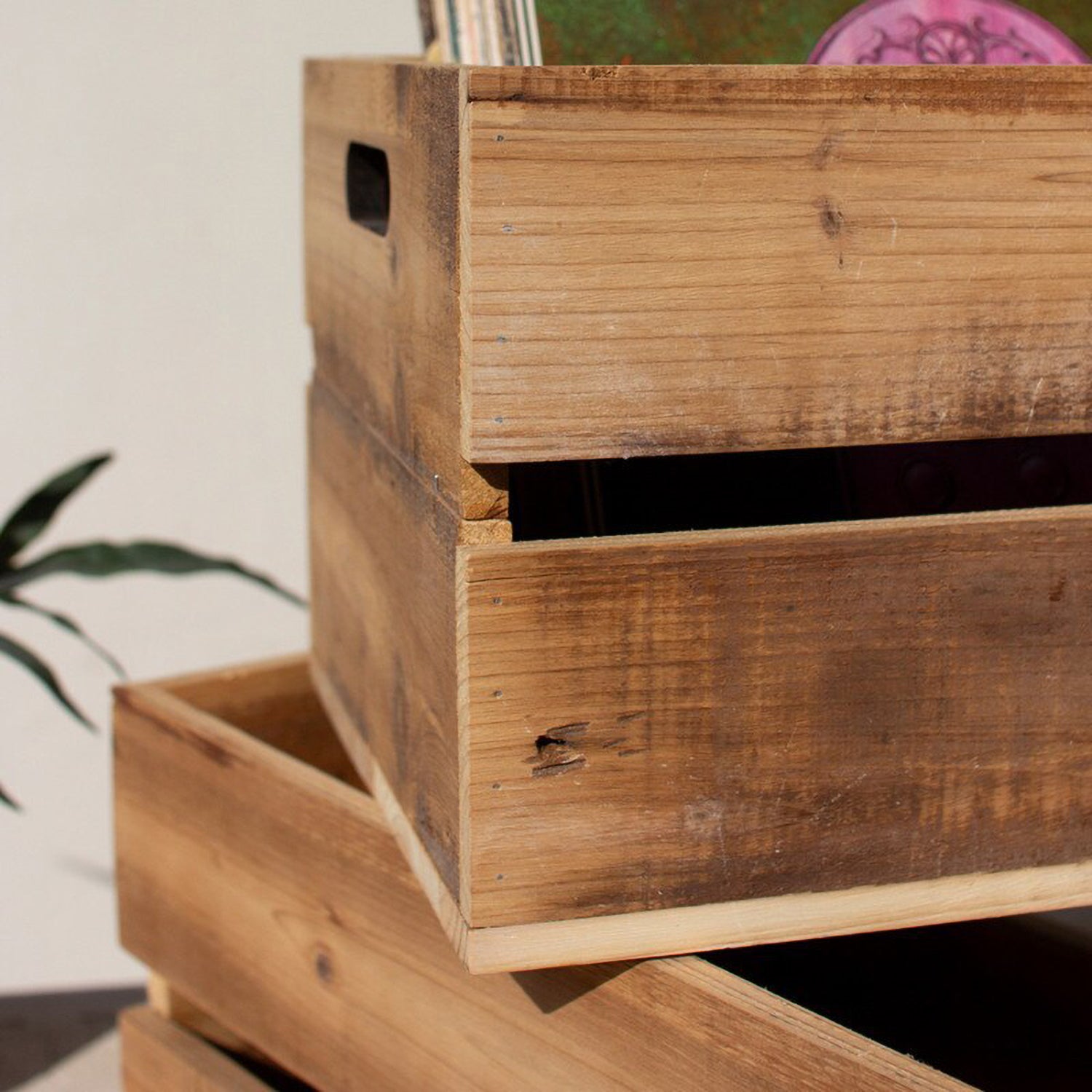 Natural Finish Slatted Wooden Crate Set of 2