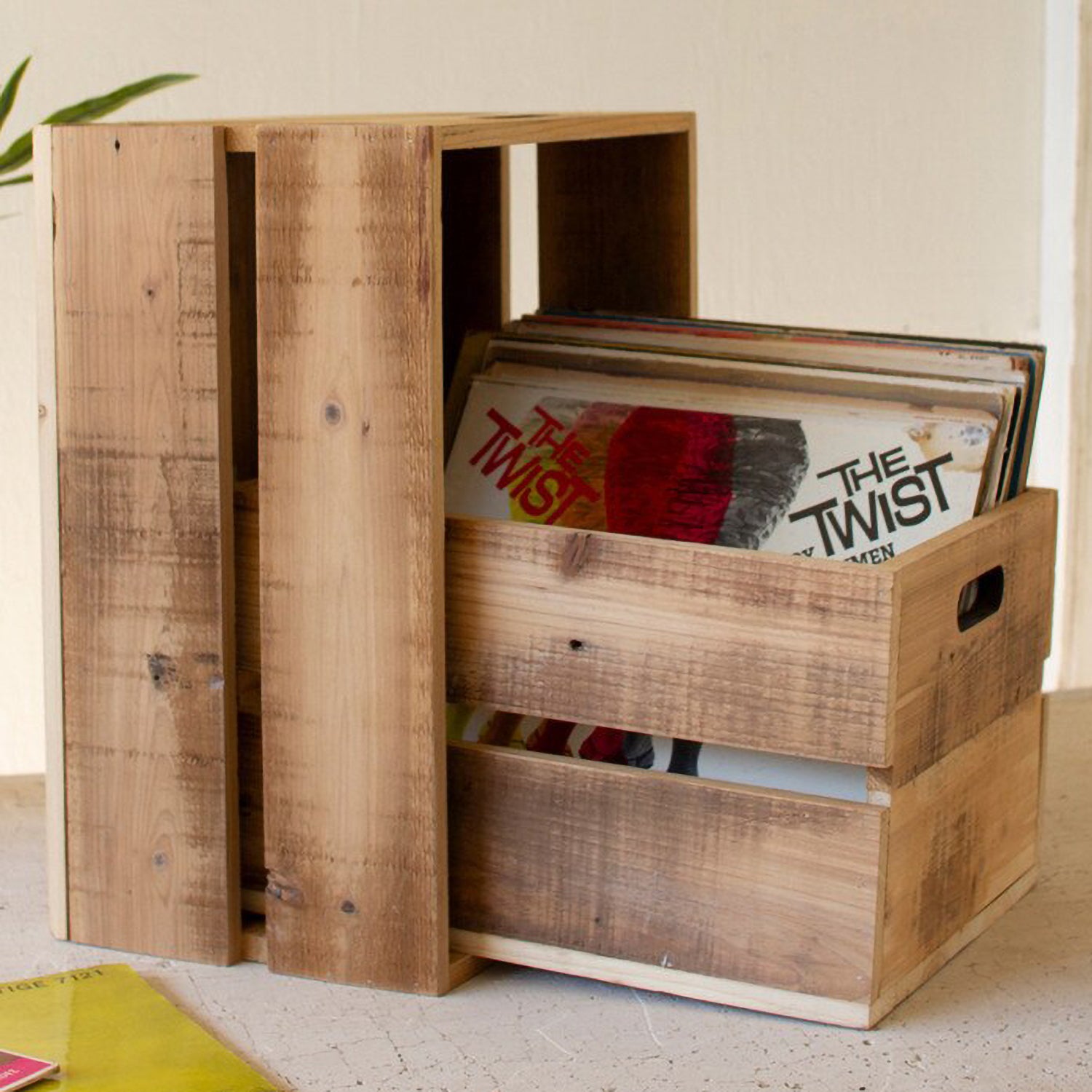 Natural Finish Slatted Wooden Crate Set of 2