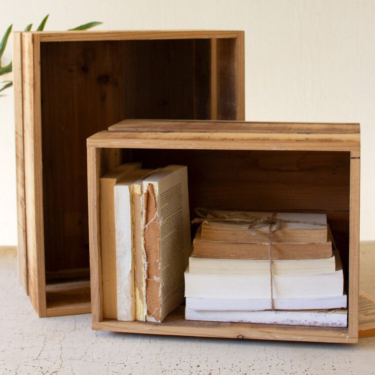 Natural Finish Slatted Wooden Crate Set of 2