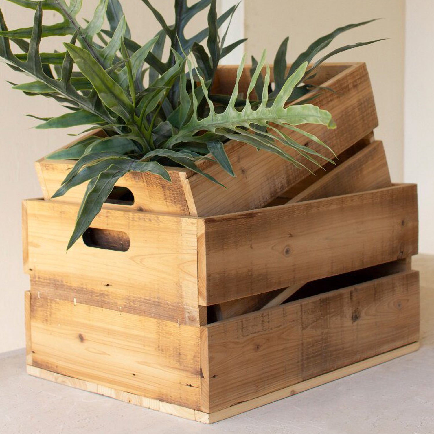 Natural Finish Slatted Wooden Crate Set of 2