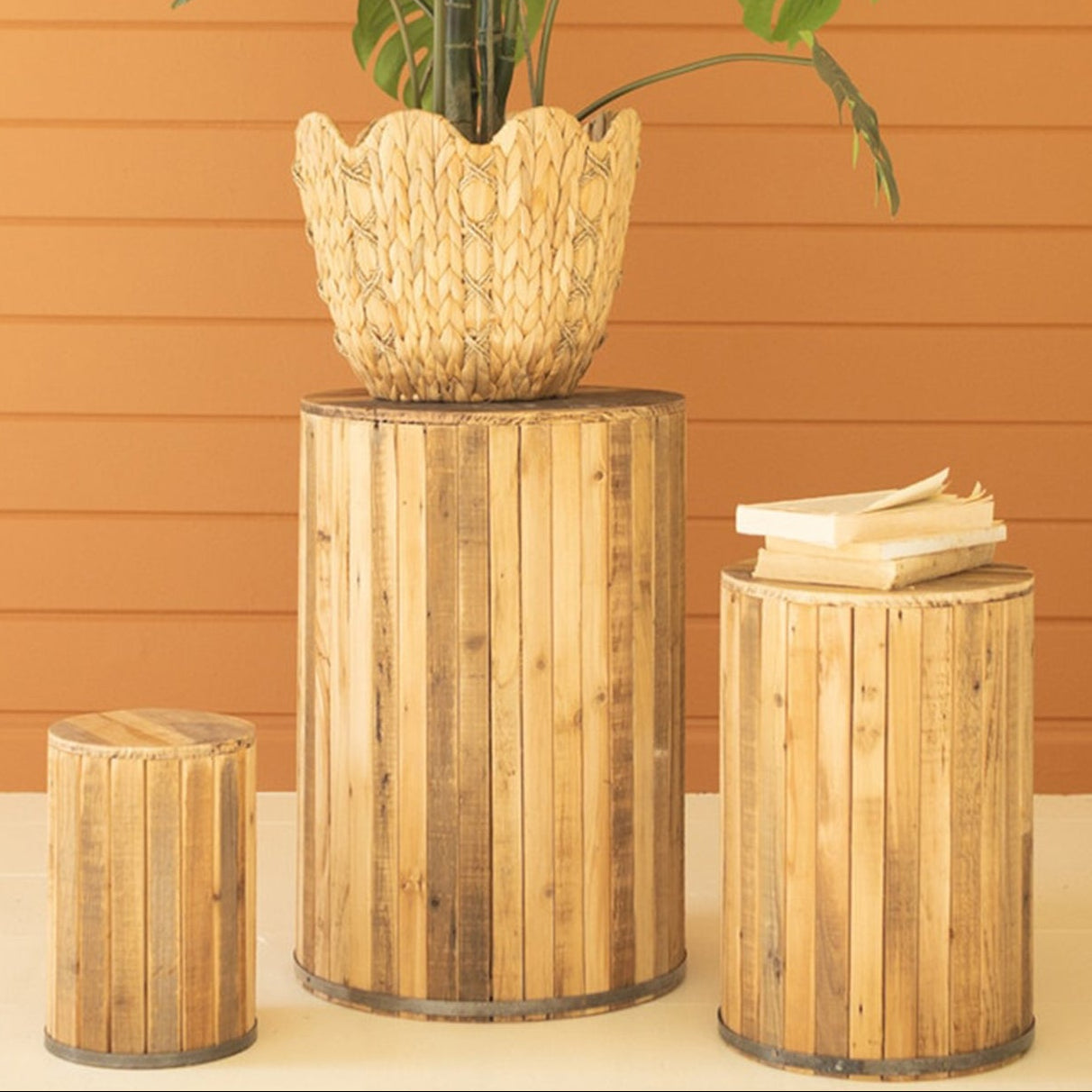 Round Recycled Wood Pedestasl Set of 3