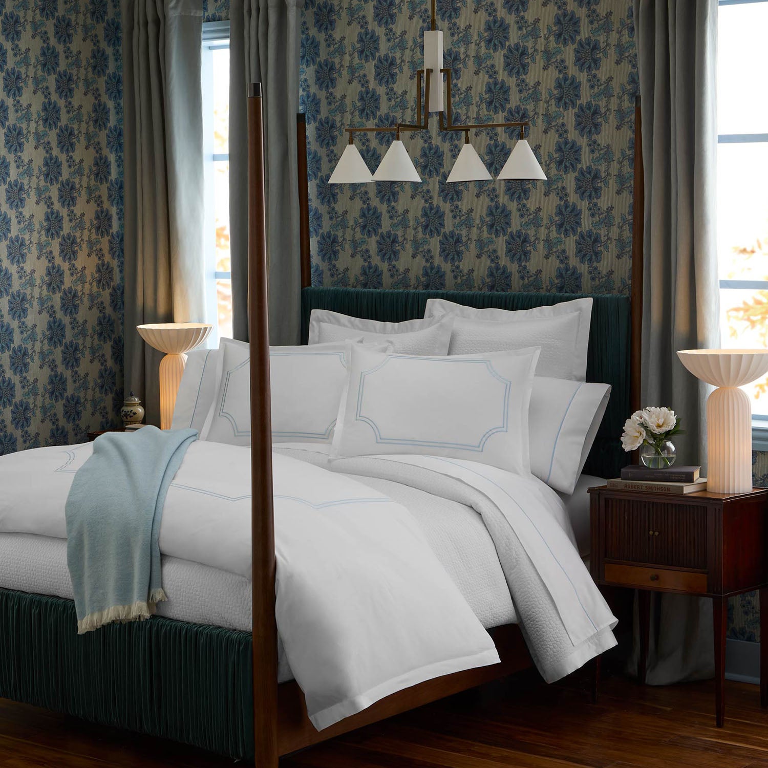 Peacock Alley Deco embroidered cotton percale duvet set shown in a lighter colorway