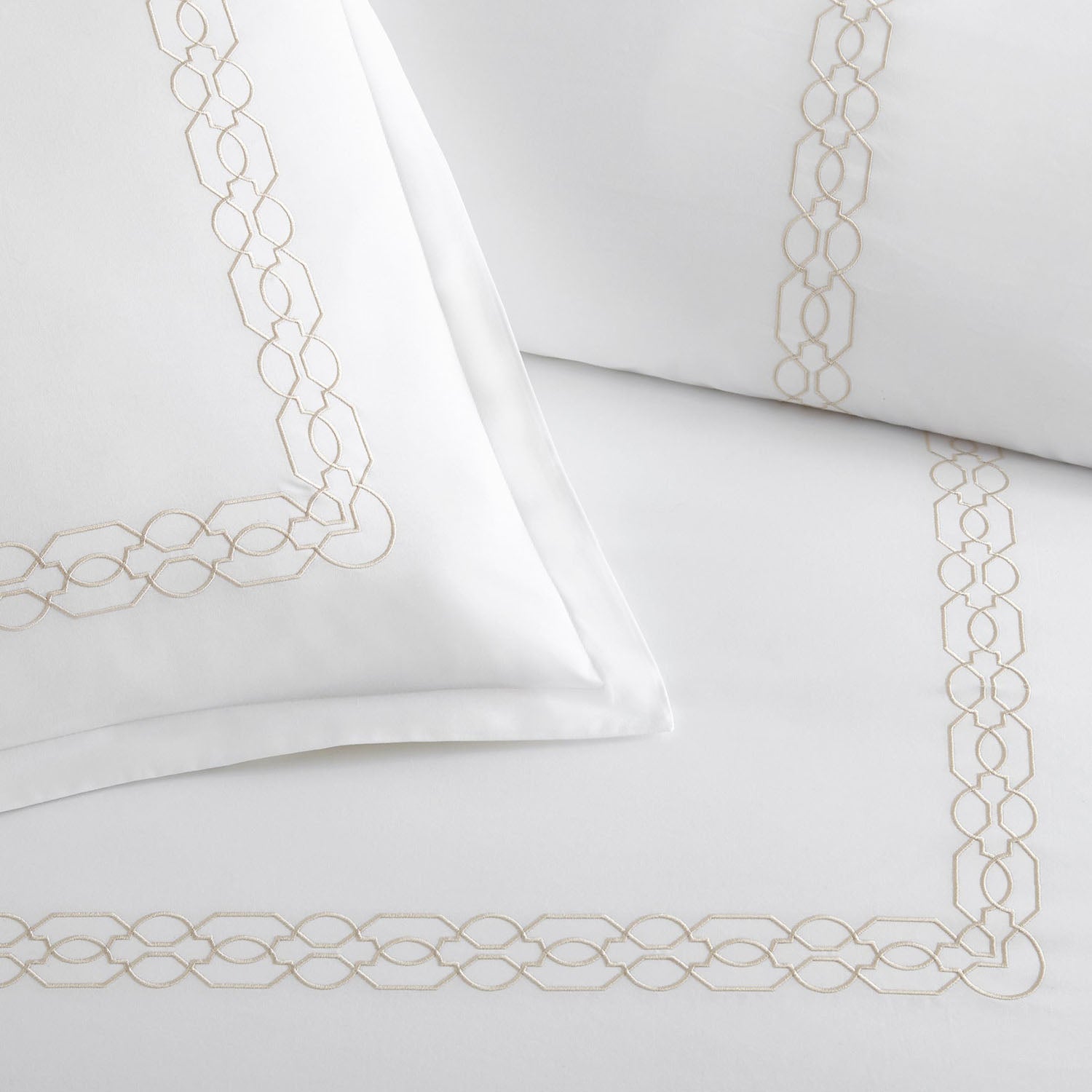 Peacock Alley Filigree embroidered cotton percale duvet set close-up of the filigree border