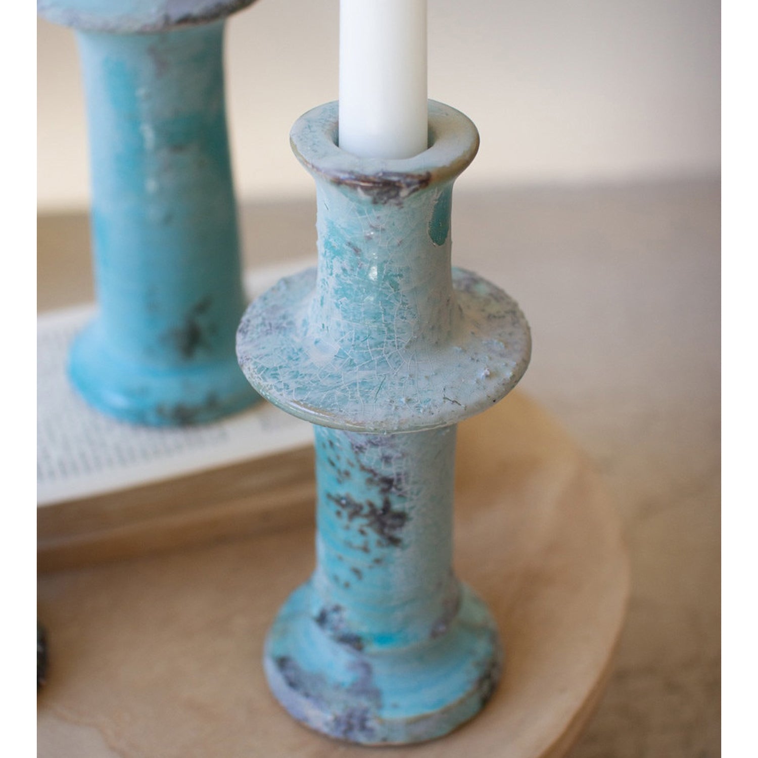 Antique Blue Taper Candle Holder Set of 3