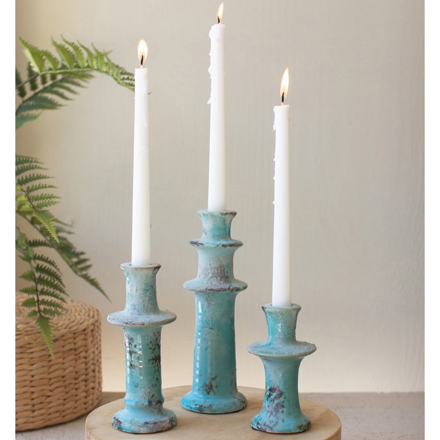 Antique Blue Taper Candle Holder Set of 3