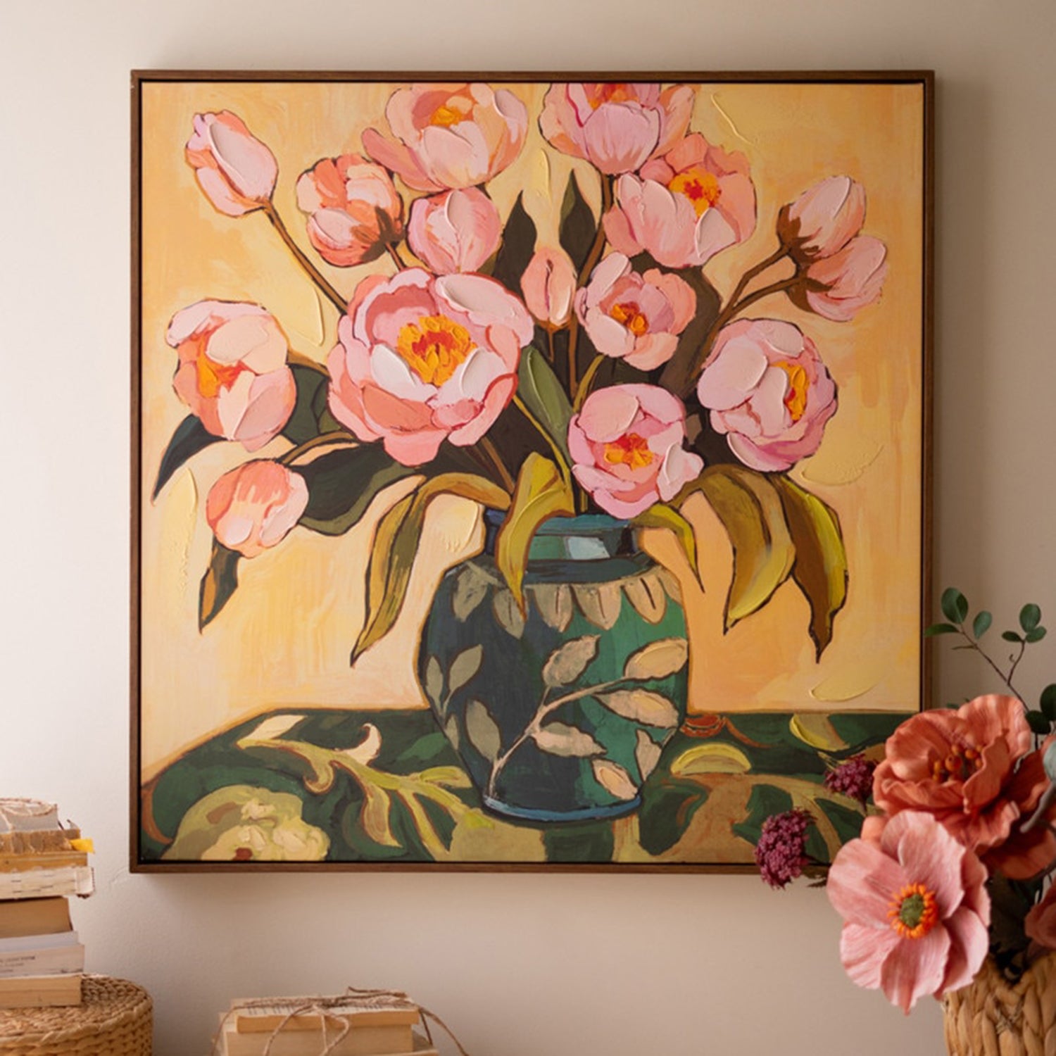Pink Flowers with Blue Vase Framed Painting