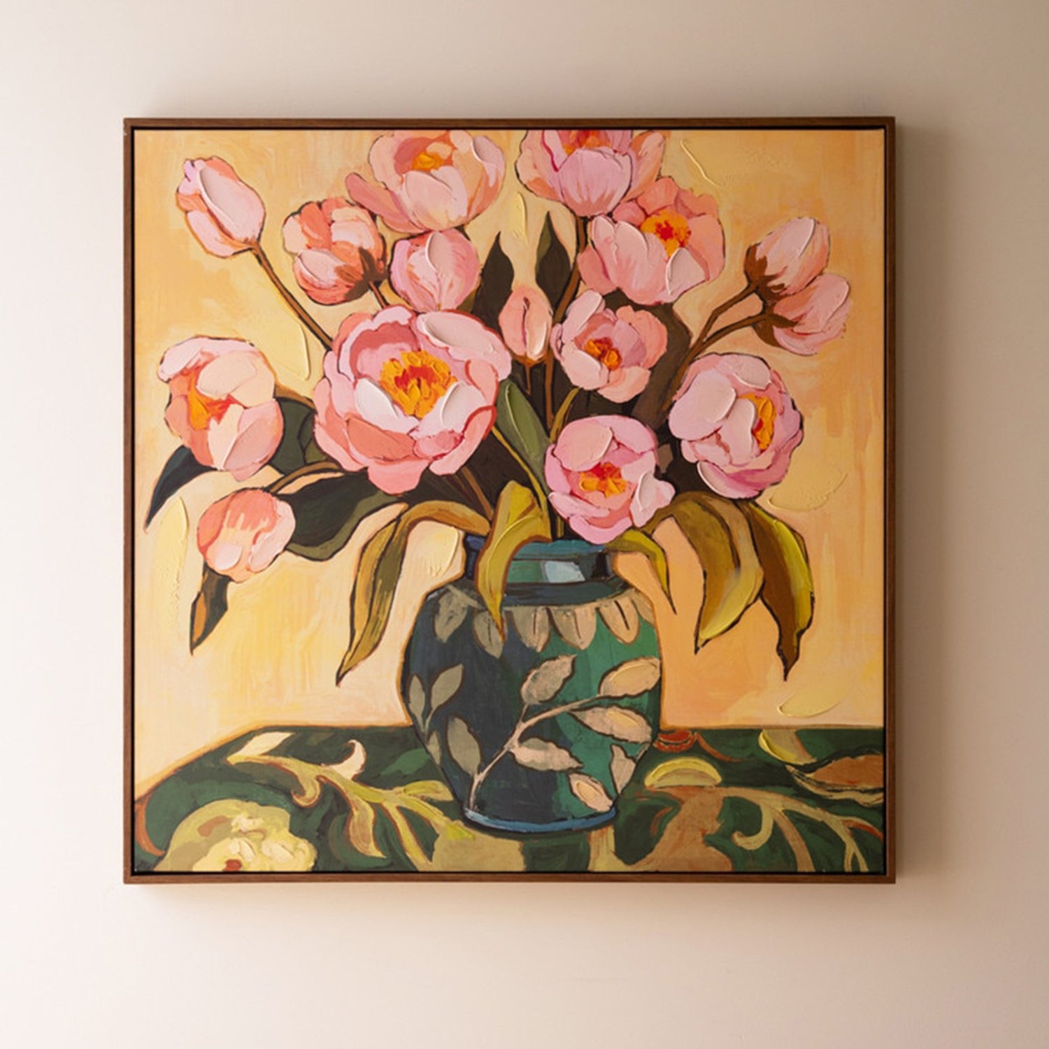Pink Flowers with Blue Vase Framed Painting