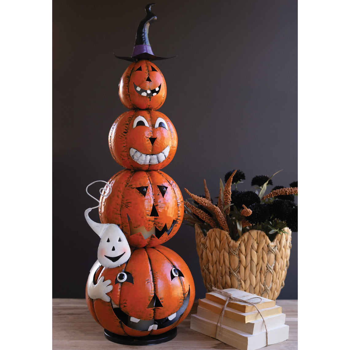 Four Stack Painted Jack-O-Lantern with Witch Hat