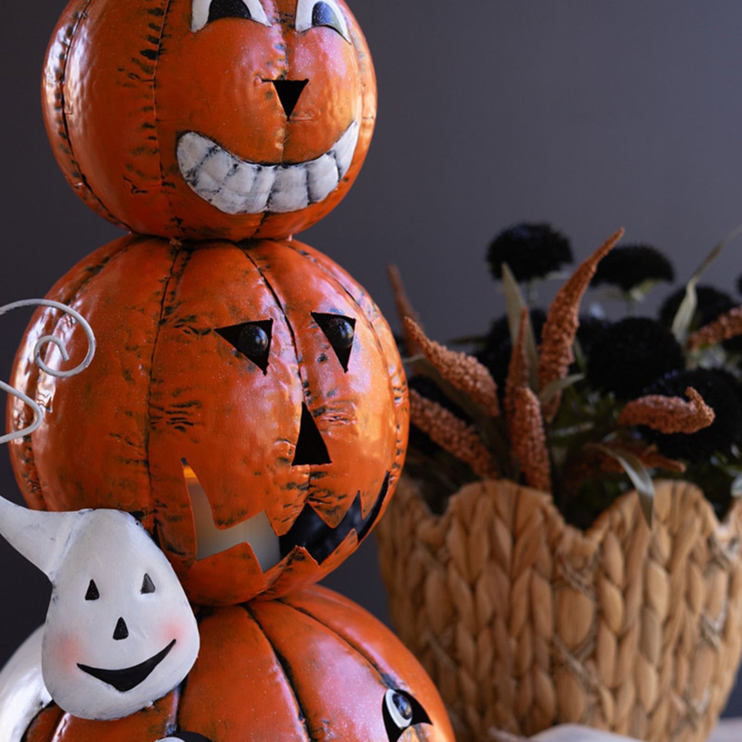 Four Stack Painted Jack-O-Lantern with Witch Hat