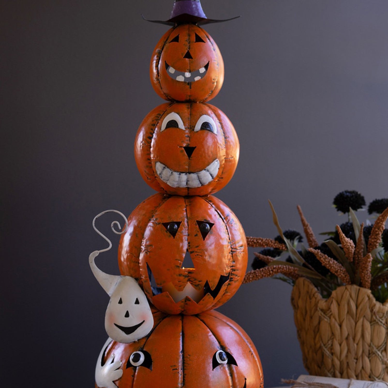 Four Stack Painted Jack-O-Lantern with Witch Hat