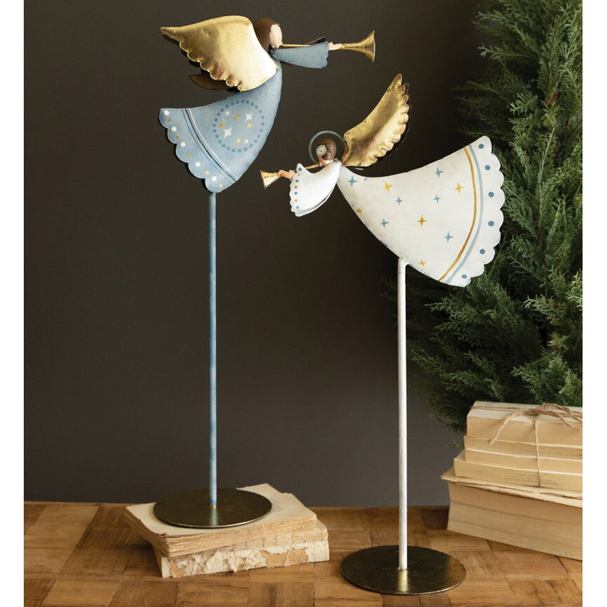 Painted Metal Christmas Angels on Stand Set of 2
