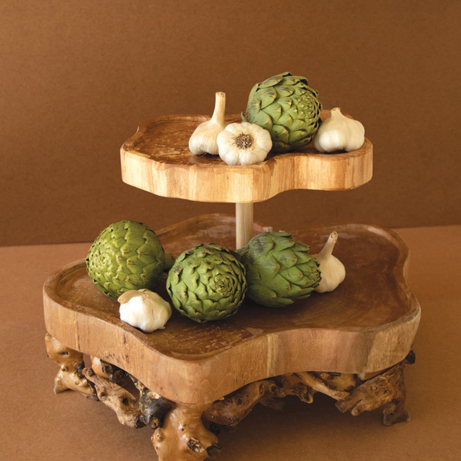 Two-Tiered Mulberry Root and Willow Wood Serving Tower
