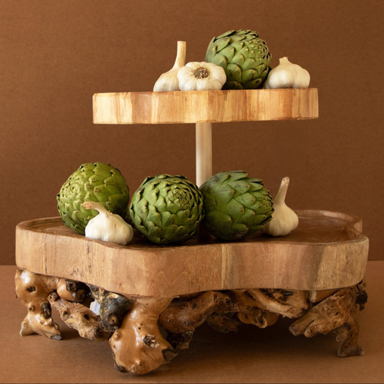 Two-Tiered Mulberry Root and Willow Wood Serving Tower