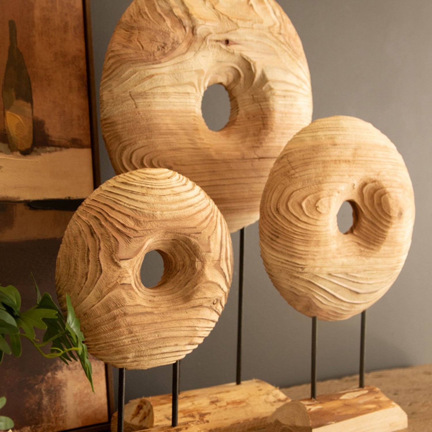 Round Wooden Wheels on Iron and Wood Base Set of 3
