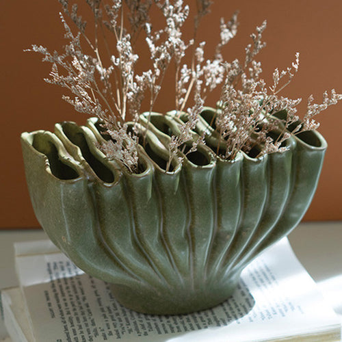 Green Ceramic Folds Vase Set of 2