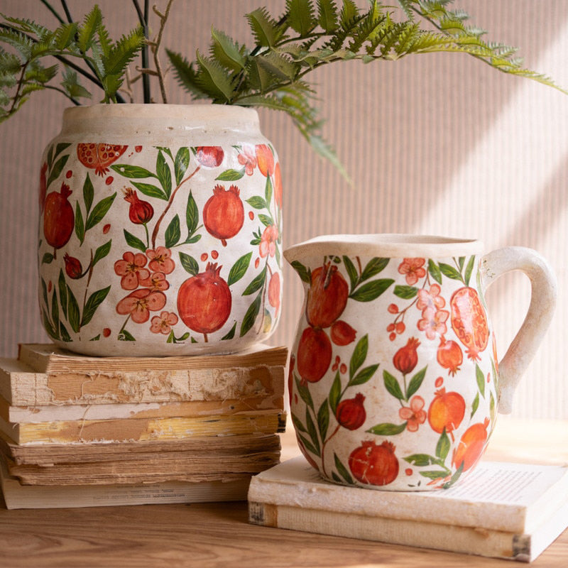 Pomegranites Cement Pitcher and Vase Set of 2