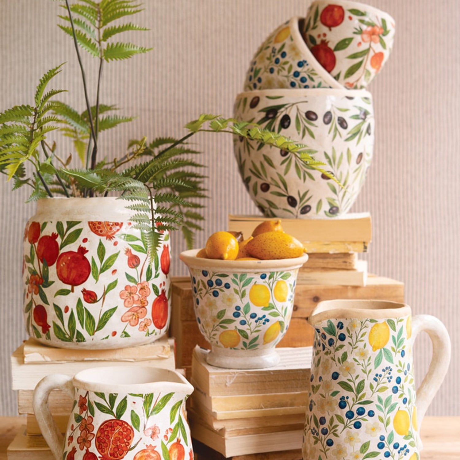 Pomegranites Cement Pitcher and Vase Set of 2