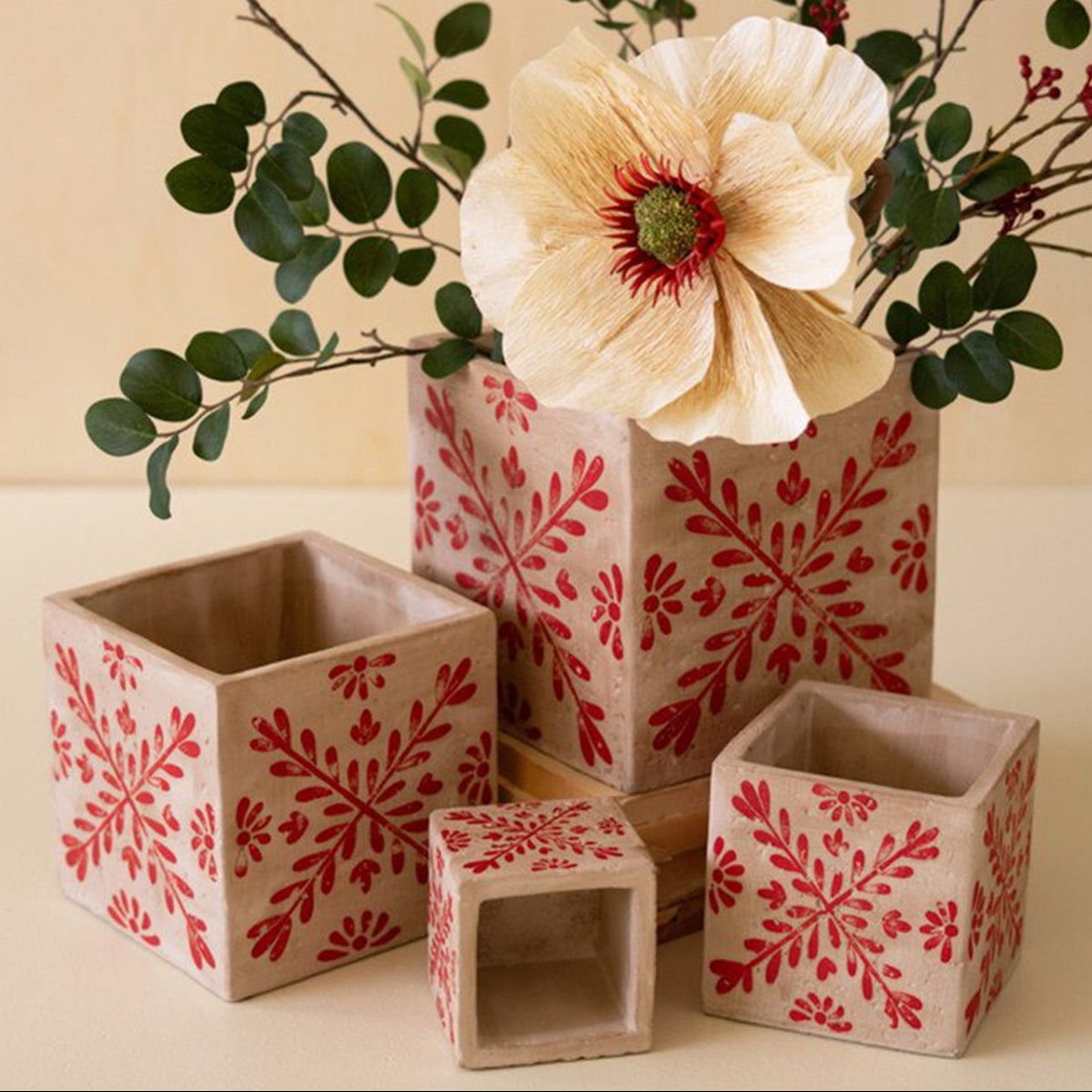 Square Cement Christmas Planters with Red Set of 4