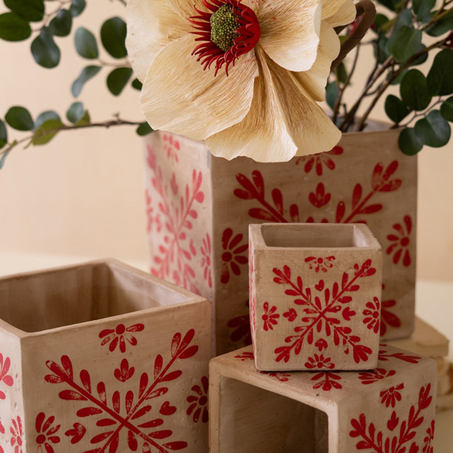 Square Cement Christmas Planters with Red Set of 4