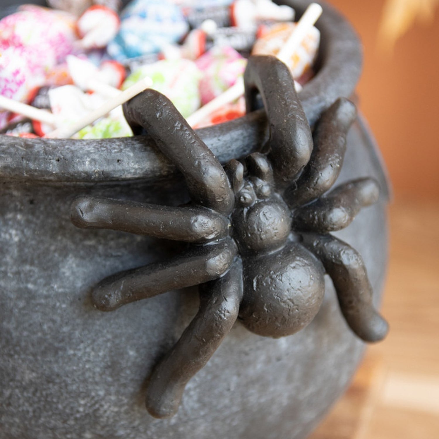 Black Terracota Halloween Candy Cauldron with Spider