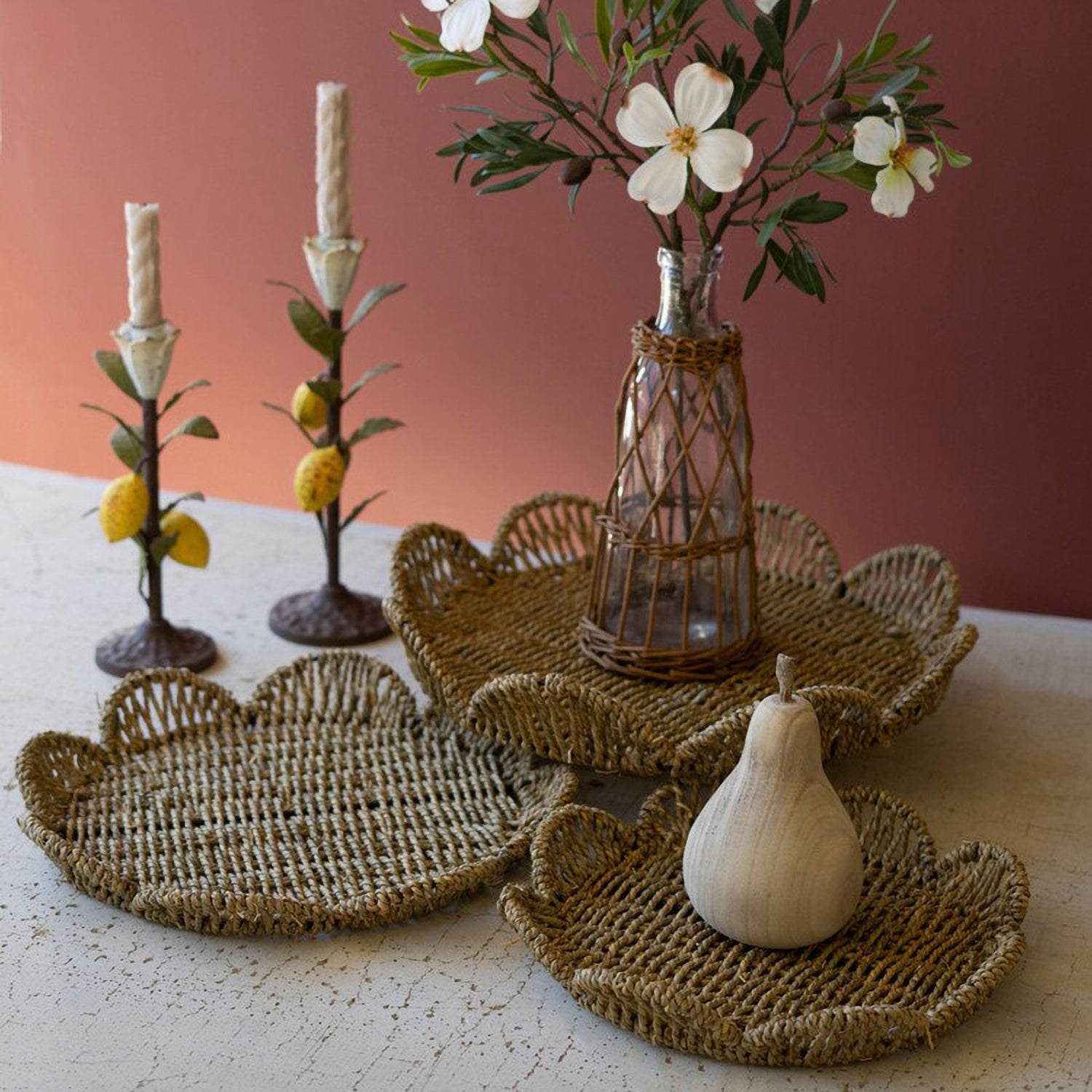 Scalloped Woven Seagrass Tray Set of 3